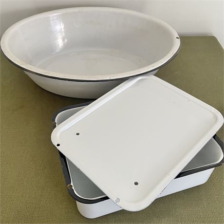 Enamel Wash Pan and Covered Bake Pan