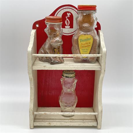 Vintage Wooden Spice Rack with Glass Character Spice Jars