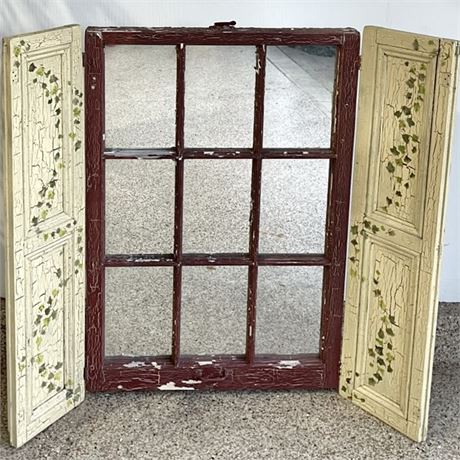 Distressed Wooden Window Frame Mirror w/ Shutters