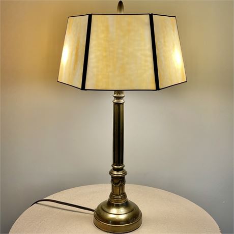 Mid Century Slag Glass Brass Base Table Lamp