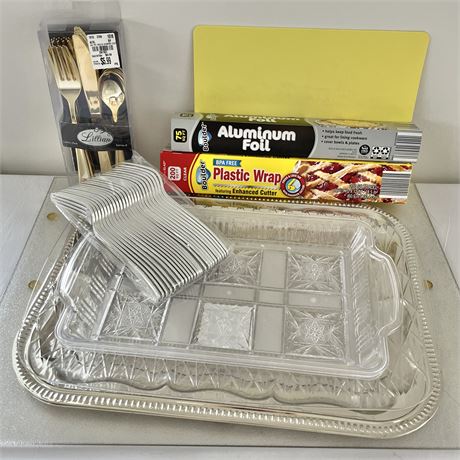 Misc. Kitchen Lot with Plastic Serving Trays, Plastic Flatware & More