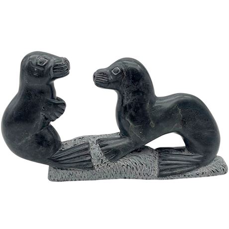 1999 Inuit Carved Soapstone of Two Seals Signed by Artist