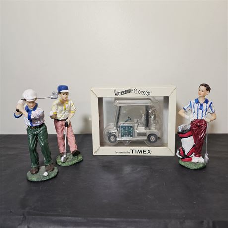 Golf Player Figurines and TIMEX Metal Golf Cart Clock