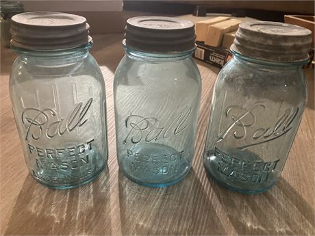 Two 1923 -1933 Blue Aqua Ball Perfect Mason Jars 1 Aqua Ball Perfect Mason Jar