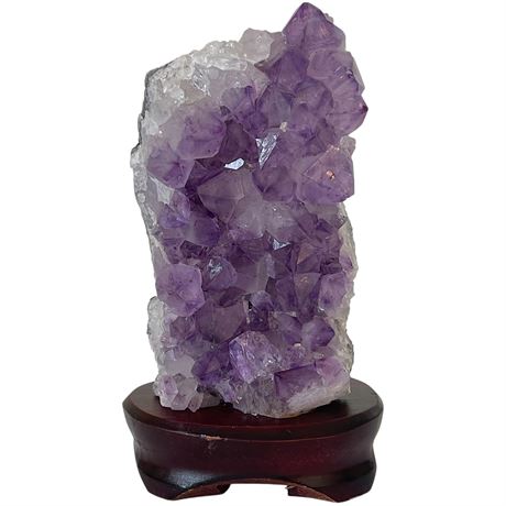 Natural Amethyst Crystal Cluster Geode on Wood Stand