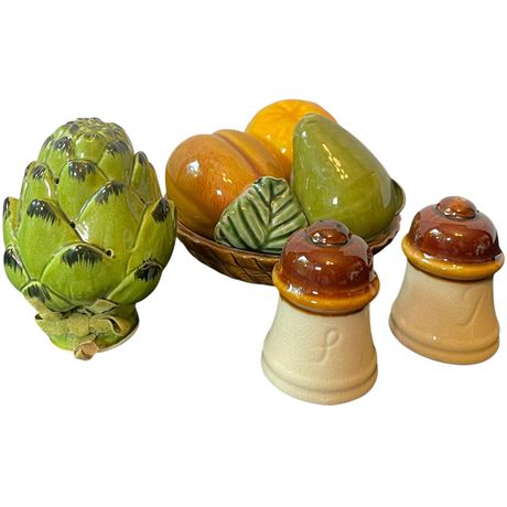 Jay Willfred Ceramic Fruit Basket, Artichoke Shaker and Salt and Pepper Shaker