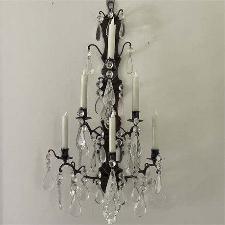 1950s French Bronze & Crystal Drops Wall Sconce