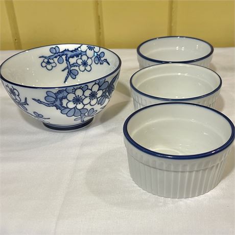 Oriental-Style Blue & White (3) Ramekins & Dipping Sauce Bowl
