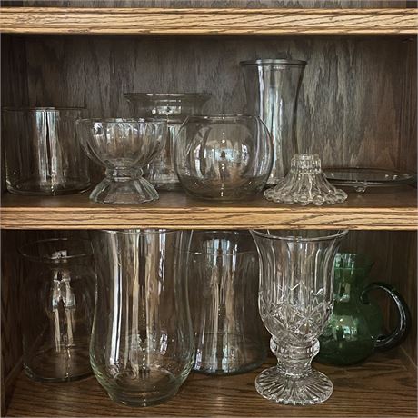 Clear (and one Green Glass) Vases, Pitchers, Candle Holders