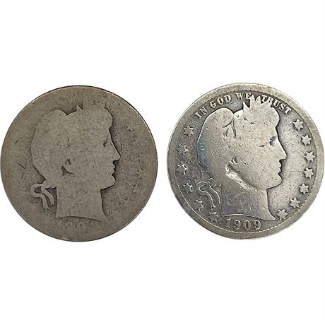 1904 & 1909 Barber Silver Half Dollar Coins