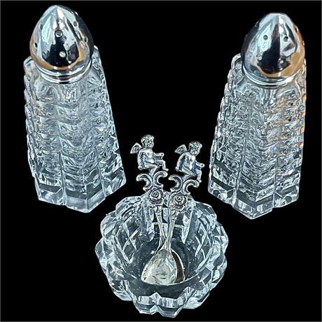 Two 925 Sterling Silver Cherub Salt Spoons w/ Crystal S/P Shaker and Celler Set