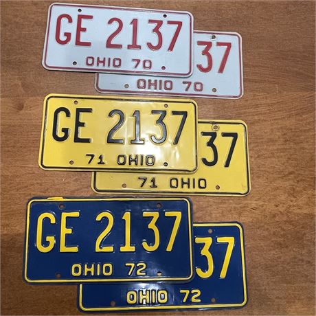 Three Pairs of '70-'72 Ohio License Plates