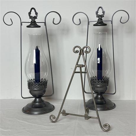 Pair of Lantern Candle Stick Holders w/ Scroll Metal Art Easel