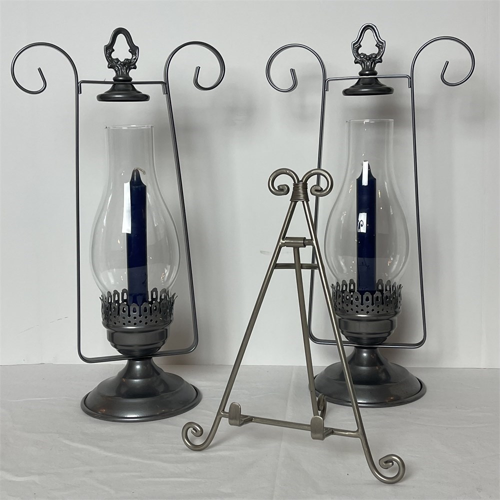 Blazing Auctions - Pair of Lantern Candle Stick Holders w/ Scroll Metal ...