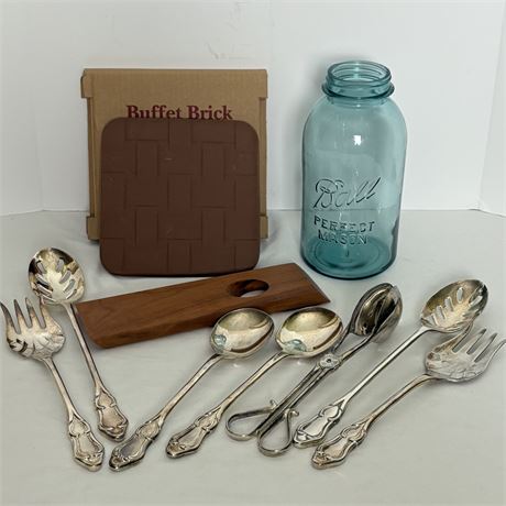 Vtg Blue 1 qt. Ball Jar, Silver-Plated Serving Utensils, Buffet Brick and More