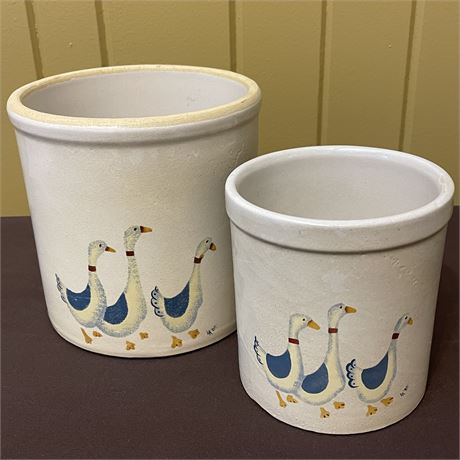 Set of 2 1985 Roseville Pottery Goose Crocks