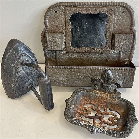 Tin Wall Pocket Match Holder Mirror, Sad Iron and Cast Soap Tray