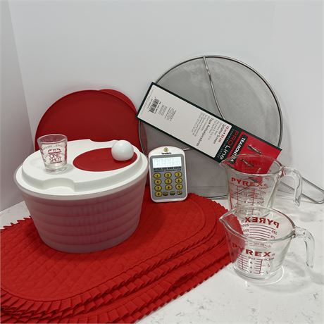 Vintage Red Themed Kitchenware with Pyrex, Tupperware, & Others