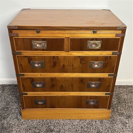 Military Campaign Nightstand w/ Brass Accents, Inset Drawer Pull & Pullout Tray