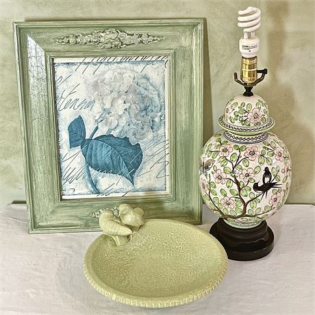 Light Green Bird Bath Basin, Porcelain Lamp Made in Italy, & Framed Print