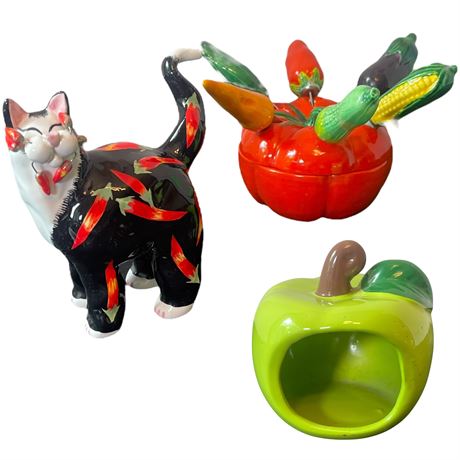Lacombe Chili Peppers Cat, Ceramic Tomato Spreader Holder & Apple Sponge Holder