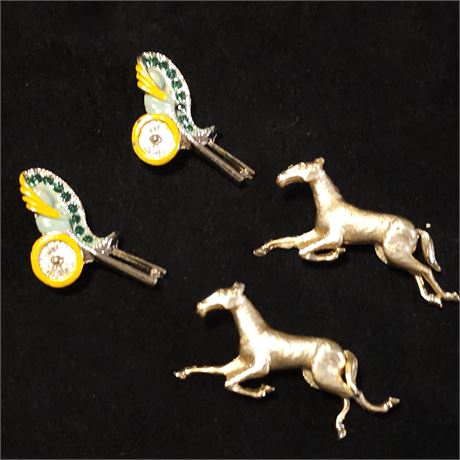 (2) Sets Enamel Gold Tone Carriage & Gold Tone Horse Pins