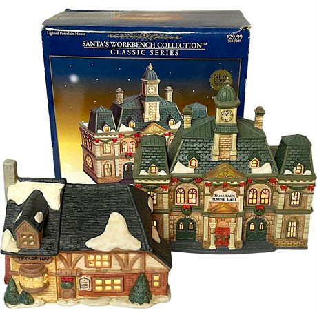 Santas Workbench Tamarack Towne Hall & Yeolde Inn Lighted Ceramic Village Houses