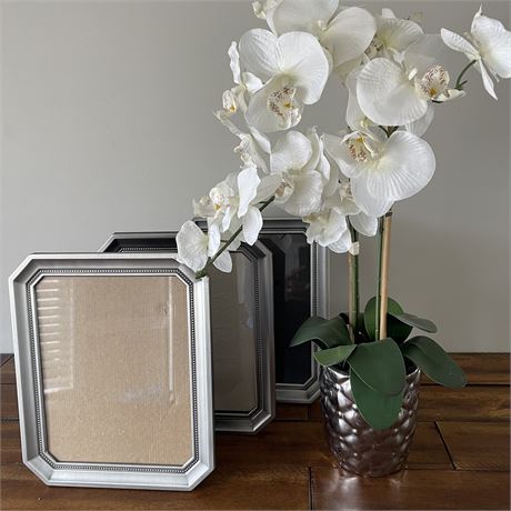 (3) Burnes of Boston Metal Picture Frames & Potted Faux Orchids