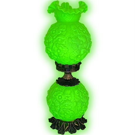 Vtg Fenton Custard Hurricane Lamp Lime Green Poppy Pattern