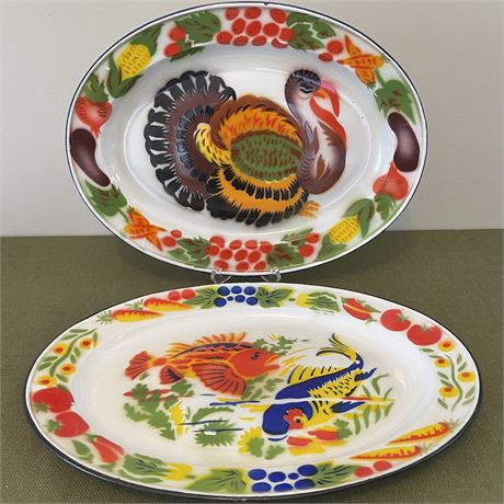 Vintage Enamelware Platters - Featuring Turkey and Fish Design