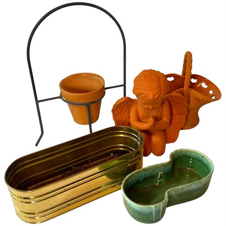 Terracotta Angel with Pots, Drip Glaze Planter and Metal Planter