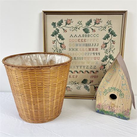 Coordinated Decor with Bird House, Framed Cross Stitching and Lined Trash Basket