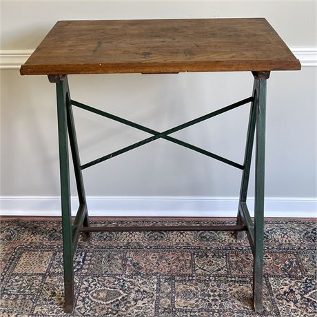 Vtg Industrial Metal Base Wood Top Drafting Table