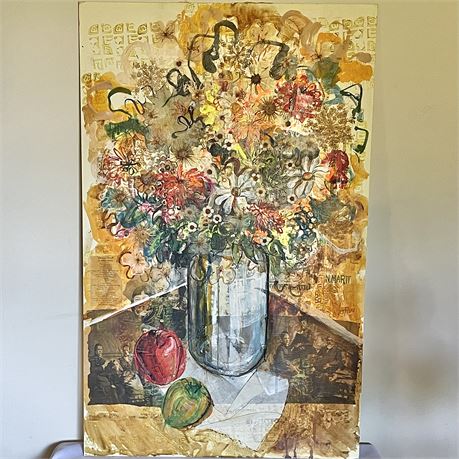 Signed N. Martt Eclectic Mixed Media Floral Art Piece