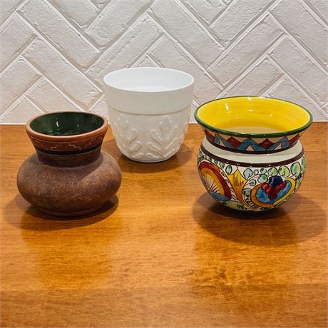 Grouping of Three Decorative Pottery Vases with Milk Glass Planter