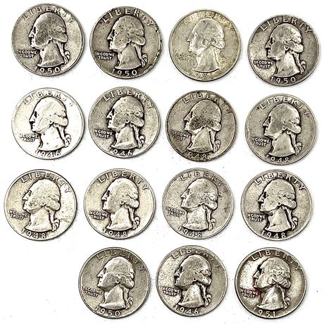 (15) 1946-1951 "Mainly D" Silver Quarter Coins