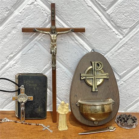 Vtg Religious Lot - Holy Water Vessel, Crucifix, Rosaries, Figurine & More