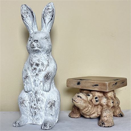 "The Tortoise and the Hare" Rustic Plantstand and Standing Rabbit Statue