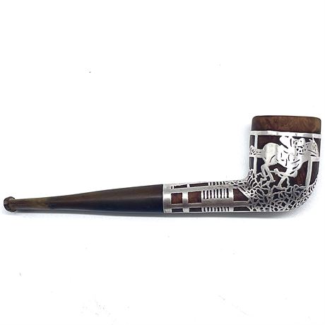 Vintage Tobacco Pipe with Silver Overlay with Racehorse Motif
