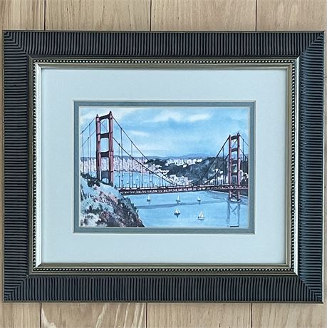 Signed Ellie Marshall Watercolor of the Golden Gate Bridge Framed Art Print