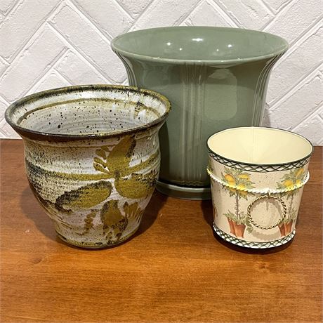 Signed Pottery Planter, Ceramic Pot w/ Drip Tray, & Filipino Tin Planter