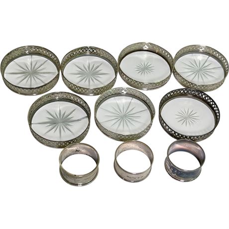 (7) Silver Plate Rimmed Glass Coasters & (3) Silver Plated Napkin Rings
