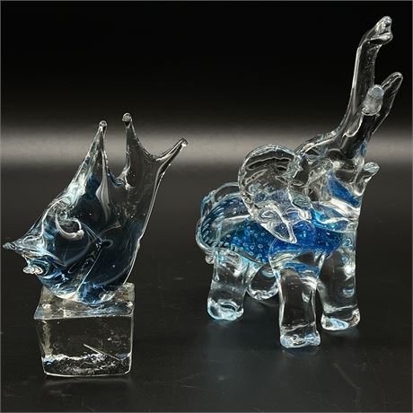 Murano-Style Hand Blown Glass Elephant with Fish on Glass Base
