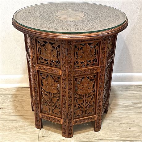 Vtg Wood Carved Collapsible Octagonal Side Table with Brass Inlay and Glass Top