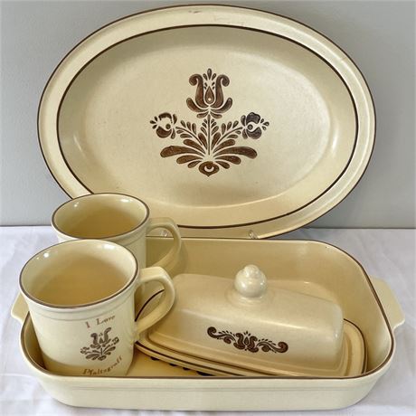 Pfaltzgraff "Village" Baking Dish, Serving Tray, Butter Dish & Mugs