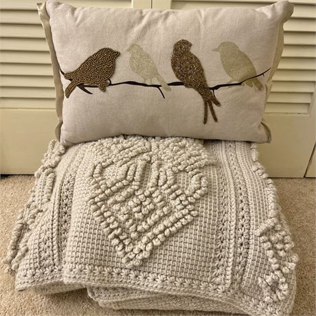 Pier 1 Decorative Pillow & Crocheted Raised Texture Throw Blanket