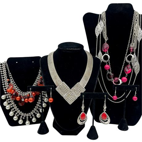 VtgSilver Toned Jewelry with Rhinestone and Beaded Accents