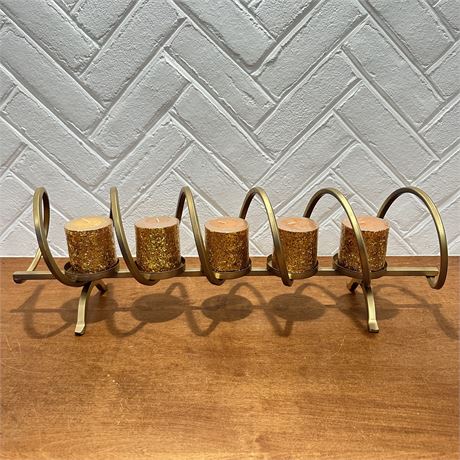 Gold Toned Metal 5 Candle Centerpiece Stand with Glitter Pillar Candles