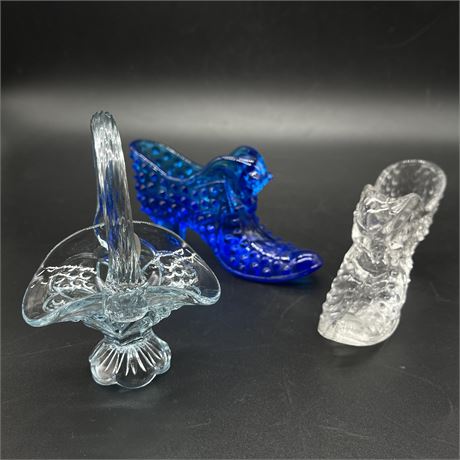 Fenton Glass Hobnail Shoes and Handled Basket