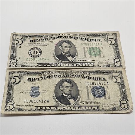 1934 $5 Dollar Bill Silver Certificate & 1934 $5 Dollar Bill